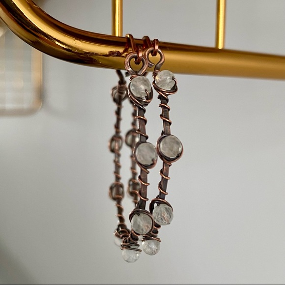 Handcrafted Moonstone + Hammered Copper Hoop Earrings - Picture 4 of 9